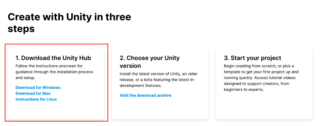 This is a picture of steps to download Unity