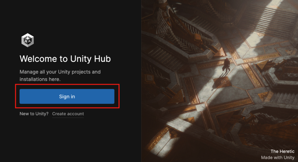 A picture shows where to sign in to Unity account from Unity Hub